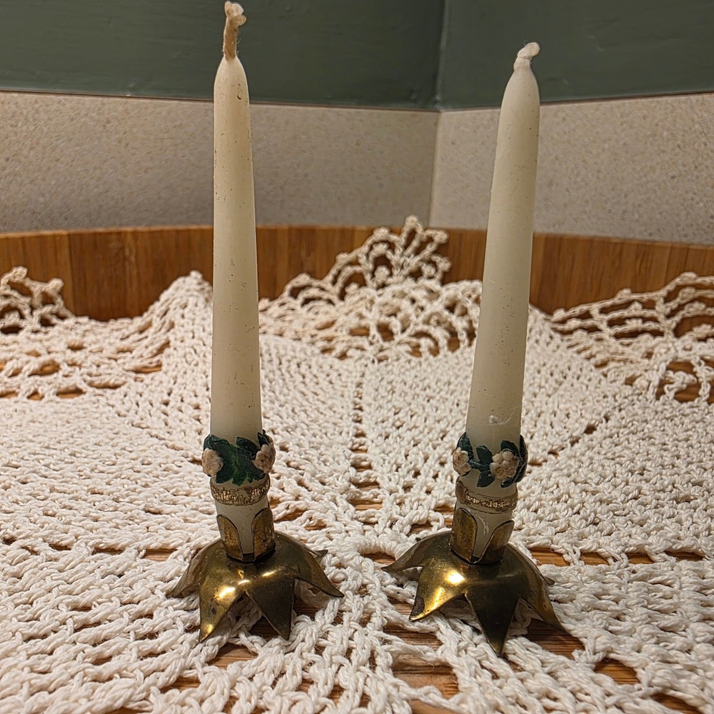 Vtg West Germany Miniature Taper Candles Pair 3" Gold Brass Star Base Floral Wax